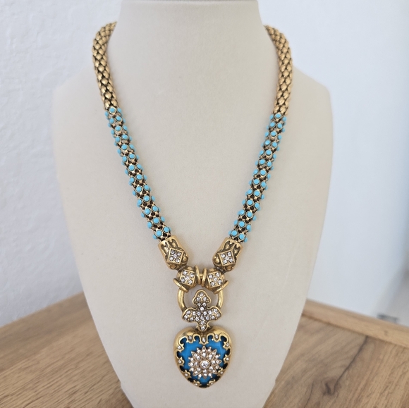 Vintage Gold & Turquoise Enamel Heart Pendant Necklace | Crystal Cross Medallion - Picture 5 of 9